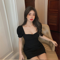 述雅法式复古减龄连衣裙大码女装2021年春夏装胖mm收腰显瘦黑色短裙子