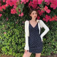 述雅大码女装春装胖妹妹显瘦两件套装胖mm洋气吊带连衣裙针织开衫上衣