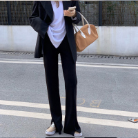 述雅微胖女生春季穿搭大码女裤新款西装裤胖mm阔腿高腰显瘦开叉拖地裤