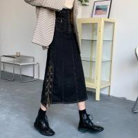 述雅复古黑开叉半身裙女中长款春秋交叉绑带高腰牛仔裙小众设计包臂裙