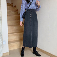 述雅梨形身材牛仔半身裙中长款2021早春新款女装穿搭开叉高腰a字长裙
