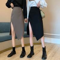述雅黑色半身裙女中长款春秋高腰显瘦不规则开叉设计感包裙a字包臀裙