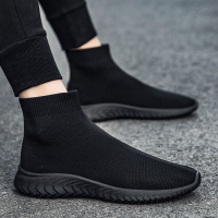 述雅2021春季新款透气帆布高帮黑色弹力飞织袜子运动男鞋休闲袜鞋夏季