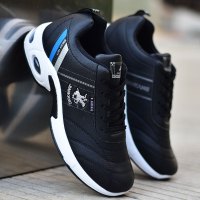 述雅黑色运动鞋男鞋子皮面防水户外耐磨休闲鞋男士韩版潮流跑步鞋