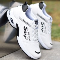 述雅春天运动鞋男皮面防水男士潮鞋百搭内增高男鞋子白色户外休闲鞋子