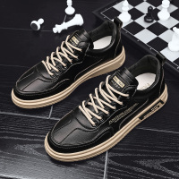 述雅春季男鞋2021新款韩版潮流休闲夏季平底板鞋男士皮鞋黑色百搭潮鞋