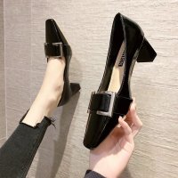 述雅2021春季新款单鞋女百搭金属扣方头高跟鞋法式复古浅口时装鞋气质