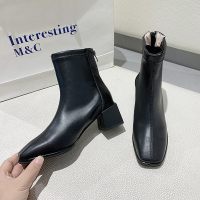 述雅法式小短靴女潮ins酷2021年秋季新款百搭韩版显瘦方头粗跟瘦瘦靴