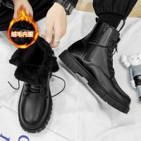 述雅机车马丁靴男鞋新款棉鞋男冬季保暖加绒高帮英伦风中帮男工装皮靴