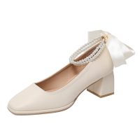 高跟鞋女2022新款蝴蝶结仙女风中跟粗跟少女方头法式玛丽珍单鞋女