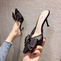 甜美网纱蝴蝶结尖头细跟凉拖鞋高跟春夏新款外穿包头中跟半拖鞋女