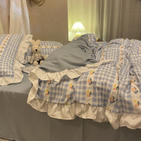 ins风碎花格纹浅蓝色小清新四件套荷叶花边少女心床裙 宿舍三件套