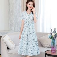 夏装新款韩版碎花雪纺连衣裙V领中长款短袖显廋气质印花裙子