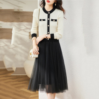 新款假两件针织连衣裙女网纱拼接修身中长款毛衣裙子