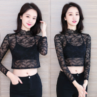 伊努特半截黑色网纱打底衫半高领女长袖内搭半身蕾丝衫短款t恤薄款上衣