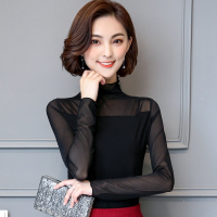 伊努特春装新款女装修身高领网纱打底衫蕾丝韩范显瘦上衣长袖T恤女小衫