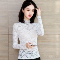 伊努特透明白色蕾丝打底衫女春秋纱衣内搭长袖修身薄款内衬高领网纱上衣