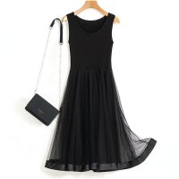 伊努特春季吊带纱裙莫代尔纯色内搭网纱打底长裙大码蕾丝背心黑色连衣裙