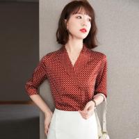 伊努特红色波点衬衫女复古港味春夏款时尚V领五分袖短袖衬衣设计感上衣