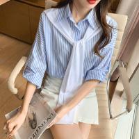 伊努特蓝色条纹衬衫女设计感小众上衣2021春夏款宽松港味七分袖披肩衬衣