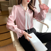 伊努特高端缎面衬衫女2021春季新款甜美粉色喇叭袖领带雪纺衬衣别致上衣