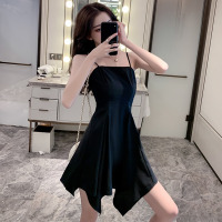 伊努特法式不规则小黑裙直播衣服女主播性感一字领收腰中长款吊带连衣裙