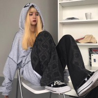 伊努特2021春秋大码胖mm腰果花牛仔裤女直筒宽松显瘦阔腿坠感拖地长裤潮