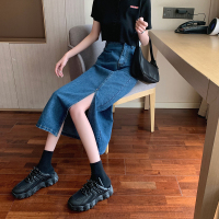 伊努特开叉牛仔半身裙女中长款2021春秋季大码胖mm包臀直筒高腰a字裙子