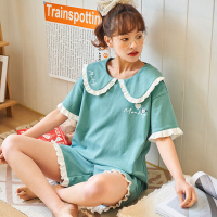 伊努特睡衣女夏季春纯棉短袖薄款韩版可爱卡通学生家居服两件套装可外穿