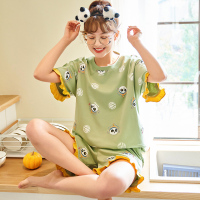 伊努特睡衣女夏季纯棉短袖裤薄款两件套装可爱韩版卡通学生家居服可外穿