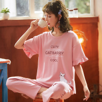 伊努特睡衣女夏季短袖长裤卡通可爱夏天纯棉新款可外穿家居服套装加大码