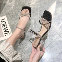 伊努特一字带2021年夏季新款凉鞋女性感粗跟露趾水钻百搭网红时装高跟鞋