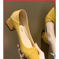 伊努特女鞋2021新款春季浅口尖头女士中粗跟单鞋网红两穿黑色高跟鞋