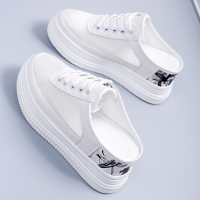 伊努特2021夏季新款女鞋镂空透气网面厚底松糕小白鞋女士时尚内增高半拖