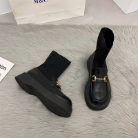 伊努特沐琹英伦风女靴春秋单靴2021新款圆头厚底时尚百搭复古针织马丁靴