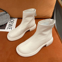 伊努特沐琹马丁靴短靴女春秋单靴2021新款米白色粗跟瘦瘦时装靴切尔西女靴子