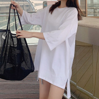 枫述2020春夏新女装打底上衣白色宽松七分袖t恤纯棉中长款开叉港味ins