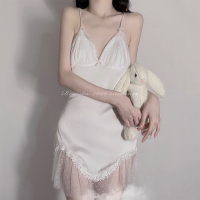 枫述RESISTU 奶油小姐 甜美仿真丝蕾丝网纱拼接蝴蝶结薄吊带美背睡裙