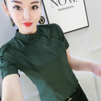 枫述衬衫女短袖2021春夏新款修身显瘦中国风盘扣上衣复古立领衬衣女装