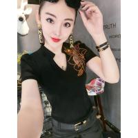 枫述欧洲站2021春装新款衬衫女短袖修身显瘦烫钻洋气打底衫V领上衣女