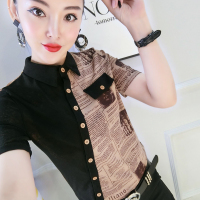 枫述欧洲站2020夏季新款韩版斜扣拼接修身显瘦短袖小衫薄款洋气衬衫女