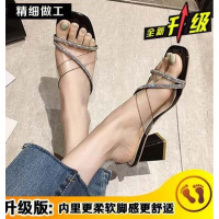 枫述透明一字带拖鞋女2021年春季新款网红水钻粗跟高跟鞋百搭凉鞋外穿