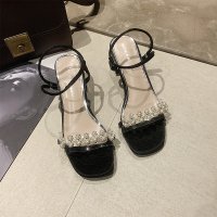 枫述一字带凉鞋女粗跟2021新款ins百搭仙女风中跟网红珍珠凉鞋高跟鞋