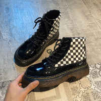 枫述蝶欣微短靴女2021年秋季新款棋盘格厚底百搭英伦风复古马丁靴