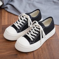 枫述蝶欣微2022新款帆布鞋女春秋厚底增高百搭大头鞋ins潮复古圆头黑色板鞋