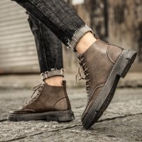 枫述男鞋秋季高帮马丁靴英伦复古内增高布洛克小皮鞋青年休闲工装潮鞋