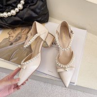 枫述蝶欣微高跟鞋女2022年春季新款百搭仙女风珍珠一字扣蝴蝶结凉鞋红色婚鞋