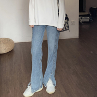 枫述大码牛仔裤女梨形身材裤子2021新款直筒宽松胖mm显瘦开叉阔腿长裤