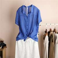 枫述女士苎麻短袖衬衫2021春夏新款韩版文艺亚麻宽松薄款中式开扣上衣