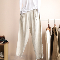 枫述春夏纯亚麻直筒裤子女2021新款宽松显瘦文艺复古松紧腰休闲裤薄款